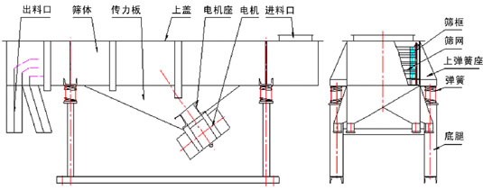 直線振動篩內部結構：出料口，篩體，傳力板，上蓋，電機座，電機，進料口，篩框，篩網，上彈簧座，彈簧，底腿。