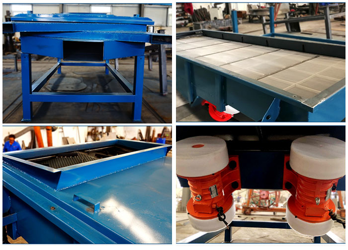 方形振動篩出料口，篩網和網架，進料口，振動電機等細節展示。