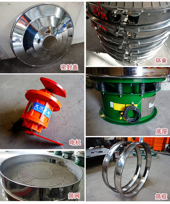 部件包括：密封蓋，環(huán)束，電機(jī)，底座，篩網(wǎng)，篩框等。