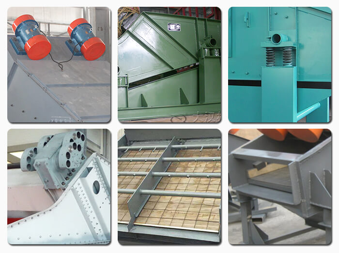 礦用振動(dòng)篩主要由激振器、篩體、篩網(wǎng)、減振裝置及座架等組成。篩箱由篩框、篩板、襯板等組成