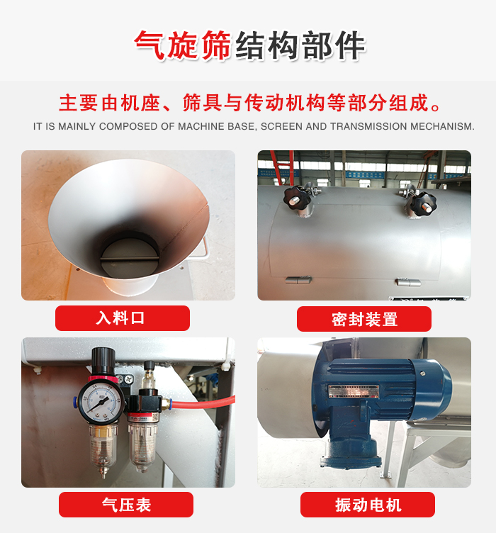 氣旋篩結構：入料口，密封裝置，電機，氣壓表等