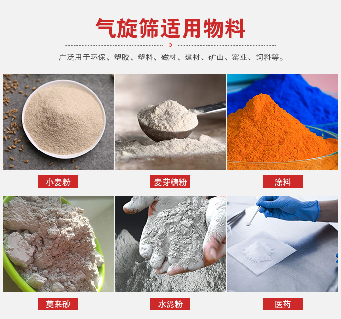 氣旋篩適用物料：小麥粉，麥芽糖粉，涂料，等粉狀物料。