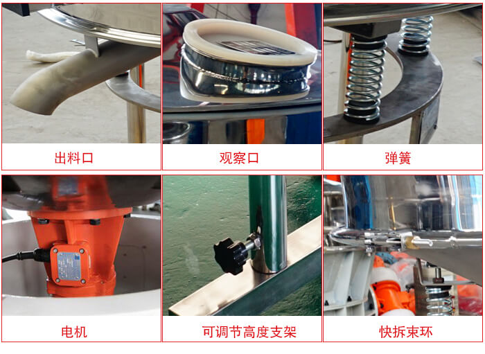 高頻篩細(xì)節(jié)展示：出料口，觀察口，彈簧，電機(jī)，可調(diào)節(jié)高度支架，快拆束環(huán)。